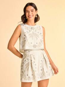 CAJUNI 女式杏色印花圆领无袖宽松短款印花衬衫，适合度假、约会、派对、夏季海滩