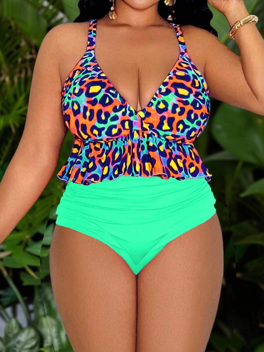 Slaydiva Plus Size Swimwear Set, Colorful Leopard Print Top With Adjustable Straps, Solid Side Ruching Bottoms, Orange Summer Beach Vacation Holiday Pool Outfit - Multicolor - View 1