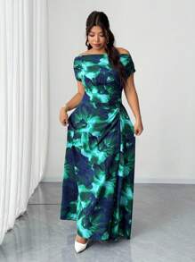 Elenzga 加大码印花性感不对称领口褶饰腰部优雅连衣裙