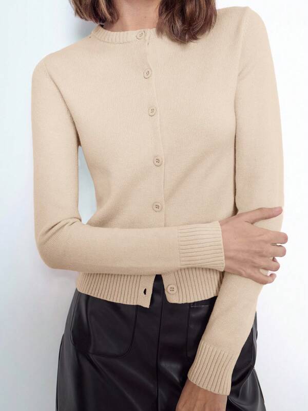 Maija Effen damesvest met ronde hals, lange mouwen en enkele rij knopen, casual gebreide cardigan voor woon-werkverkeer in de stad, zakelijke casual kleding, kantoorkleding