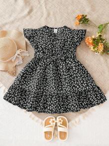 Young Girl Sage Green Floral V-Neck Ruffle Hem Dress,Summer Elegant Fairy Party Outfits,Girls Back To School First Day Outfits,Snug Fit Dance Dress - Black - View 3