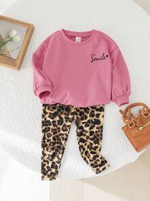 SHEIN Babygirl 秋冬可爱百搭时尚粉色长袖连帽衫和豹纹裤套装 - 彩色 - 查看 6