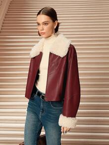 SHEIN Unity 女式仿毛领长袖PU皮革前拉链时尚夹克 - 酒紅色 - 查看 4