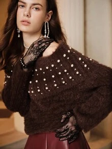 SHEIN Unity 1件优雅露肩仿皮毛毛衣夹克 - 咖啡棕 - 查看 3