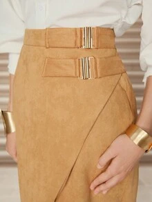 SHEIN Unity Avenne 优雅女士纯色铅笔裙，腰部配有搭扣，侧边开衩设计 - 卡其色 - 查看 3