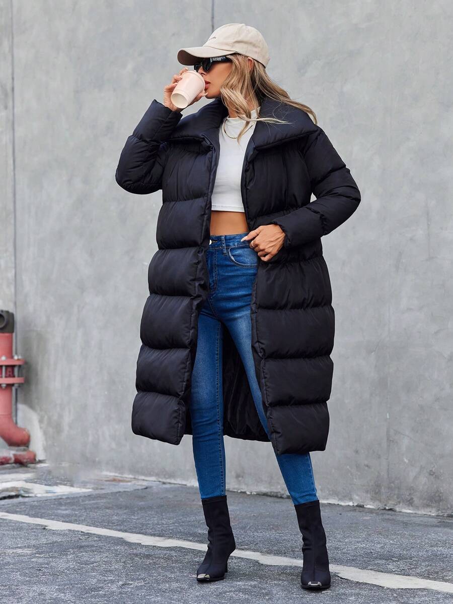 RueChic Solid Belted Puffer Coat - Black - View 1