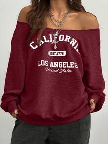 Coolane 女式秋冬休闲针织地名图案单肩运动衫 - 酒紅色 - 查看 6