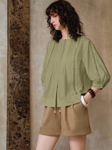 EMERY ROSE 女款2025春季新款法式镂空蕾丝设计小众短款衬衫 - 綠色 - 查看 9