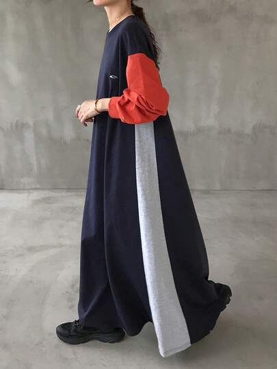 FRIFUL Women's Loose Fit Colorblock Drop Shoulder Dress, Casual & Versatile, Autumn