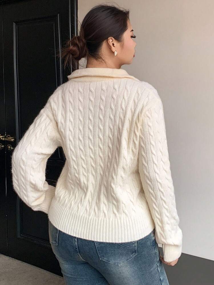 Dazy Plus Zip-Up Half Open Collar Loose Embroidered Pattern Long Sleeve Pullover Sweater, Spring/Autumn