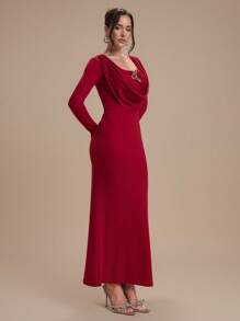 Modelyn Women's Solid Color Draped Neck Long Sleeve Fitted Elegant Dress