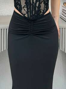 Jemour Falda Con Volante Delantero Y Dobladillo De Cola De Sirena Para Primavera Y Verano - Negro - Ver 4