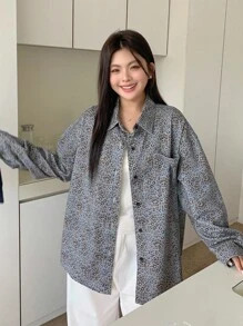 Dazy Plus Leopard Print Lapel Pocket Loose Denim Jacket, Long Sleeve, Plus Size, Autumn - Blue - View 3