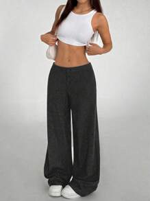 SHEIN PETITE Damen Organic Cotton Straight Leg Hosen mit ultra-niedriger Taille, Lässig