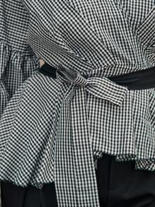 Calvaya Plus Size Women's Plaid Contrast Color Belt Waist Overlap V-Neck Puff Sleeve Mid-Sleeve Retro Elegant Blouse - Black and White - View 4