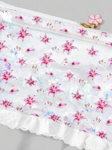 ROMWE Fairycore 透明 PVC 亮片白色蕾丝全身红色花朵图案化妆包，小巧便携收纳盒 - 彩色 - 查看 6