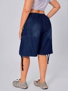 Flexra 大码夏季休闲水洗抽绳腰牛仔裤 - 藍色 - 查看 2