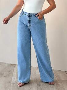 SHEIN Cottnline 100% Cotton HIGH WAIST WIDE LEG CUT PLUS SIZE  JEAN - Light Wash - View 4