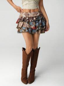 SHEIN ICON Retro Printed Layered Mini Skirt Boho Skirt Tiered Ruffle Skirt - Multicolor - View 6