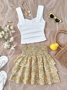 SHEIN Kids Teen Girl Vacation Spring/Summer Carnival Beach Cruise Resort Knit Twist Front Square Neck Fitted Crop Top, Loose A-Line Layered Hem Skirt Set, Suitable For Dates, Beach Vacation Summer Skirt Teen Spring Summer Outfit Summer Outfits For Women Brunch Outfits For Teens - Yellow - View 2