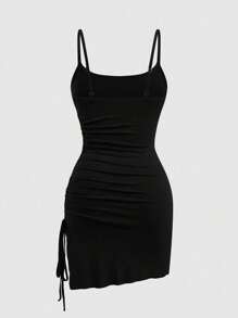 Sweetra CURVE Plus Size Sexy Spaghetti Strap Asymmetric Hem Drawstring Casual Midi Skirt - Black - View 2