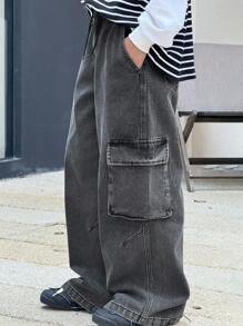 DAZY Tween Girls' Cargo Pocket Wide Leg Loose Casual Versatile Jeans - Grey - View 6