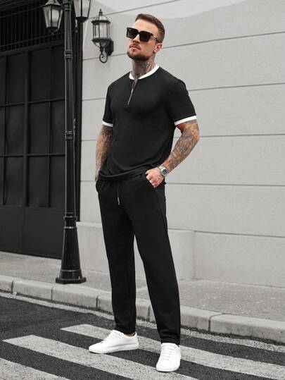 Manfinity CasualCool 菱形纹理针织面料休闲男士Polo衫套装，适合外出和日常穿着，针织钩编纹理，撞色领口和袖口，时尚百搭。是送给男朋友或老公的绝佳礼物。