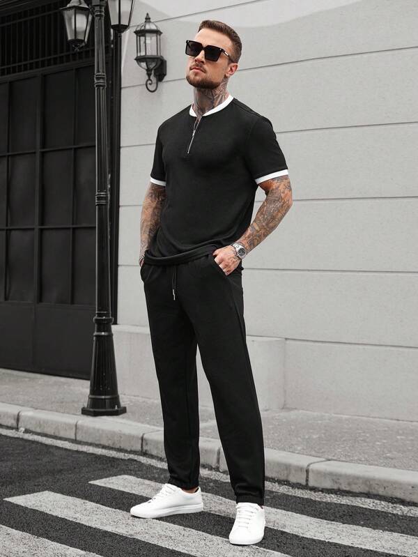 Manfinity CasualCool Conjunto de camiseta polo casual de tela texturizada de rombo para hombre, adecuado para salidas y uso diario, textura de tejer Knitted Crochet, collar y puños de contraste, versátil y de moda. Es un excelente regalo para tu novio o esposo.