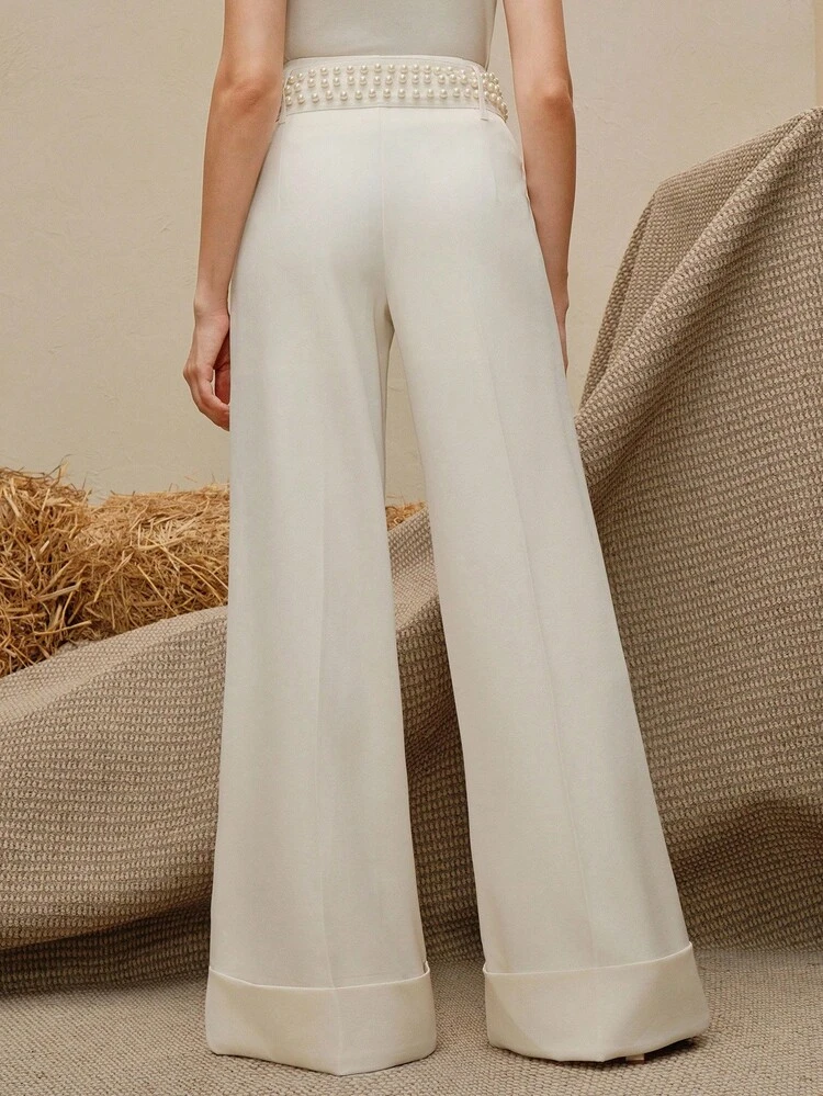 Pantalon large élégant avec décoration de perles à la taille ample pour femmes