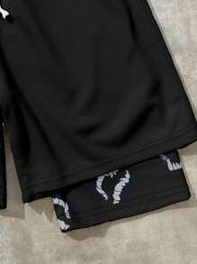 SHEIN Bolty 1 Pc Teenboy's Figure Graphic Drawstring Waist Mesh Shorts, School;Spring Wear; Teen Boys' Clothing; Teen Boy' Jackets, Spring Back To School - Black - View 3