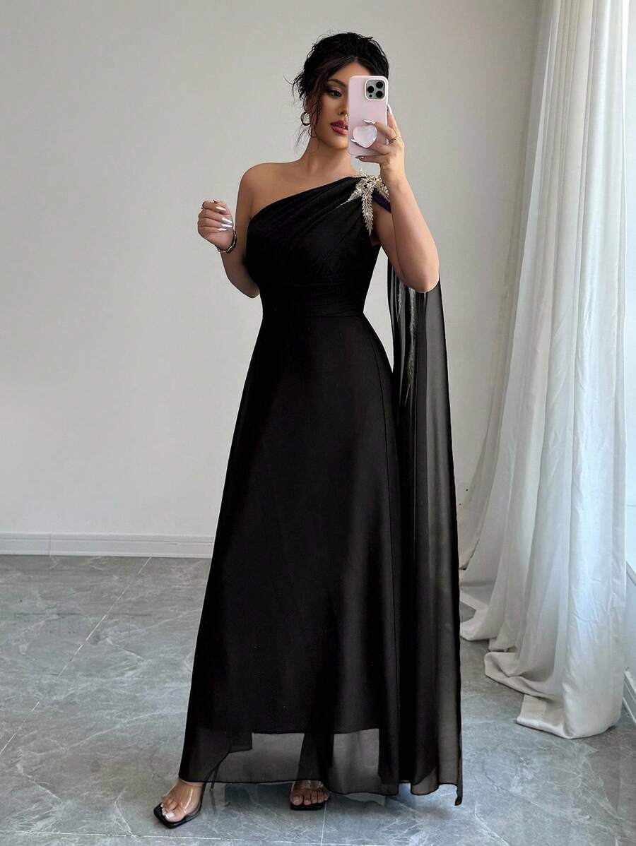 Rafferiza Rochie elegantă de lux pentru femei, cu un umăr, din plasă, cu aplicații brodate aurii, linie A - imagine 6