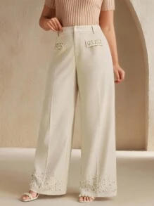 Anewsta 大码女式现代优雅新款混合珍珠和水钻装饰阔腿裤