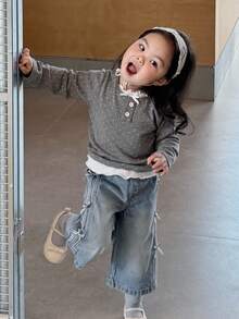 DAZY Baby Girl Versatile Bow Decor Washed Denim Jeans Fall, Winter - Light Wash - View 3