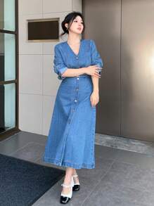 DAZY V 领金属扣腰带修身商务休闲长袖女士牛仔连衣裙，秋冬，秋季女装 - 中等水洗藍 - 查看 11