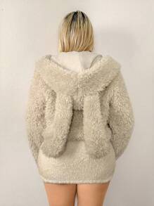 Sweetina Rabbit Ear Faux Fur Hooded Coat, Sweet Y2K Fluffy Outerwear For Women Beige Jacket In Fall/Winter - Multicolor - View 2