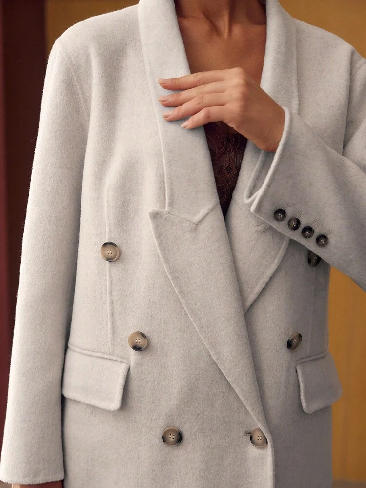 WOOL PEAK COLLAR DOUBLE BREASTED PLACKET OVERCOAT