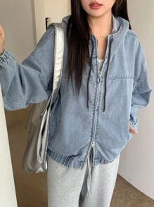 Dazy Plus Light Wash Blue Hooded Zip-Up Loose Lantern Sleeve Hem Drawstring Denim Jacket, Plus Size Women, Fall Women Jacket