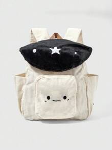 ROMWE Kawaii حقيبة ظهر عصرية كاجوال مزينة بتصميم لوني مرقع وتطريز نجمي وفطر - الأسود - مشاهدة 1