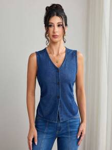 Elenzga 女式V领单排扣休闲牛仔背心 - 深色水洗藍 - 查看 3