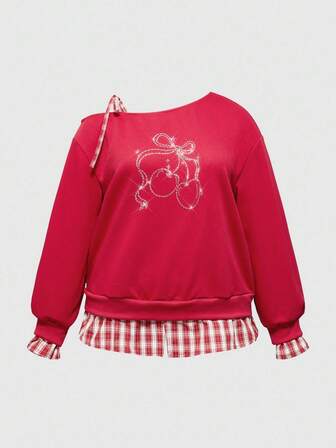 Kawaii Sudadera con hombros descubiertos, lazos y parches a cuadros con aplicaciones de cereza y strass, talla grande, adecuada para Año Nuevo y Navidad