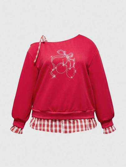 Kawaii Cherry Bow Rhinestone Plaid Patchwork Off Shoulder Tie Strap Plus Size Sweatshirt, Suitable For New Year & Christmas
