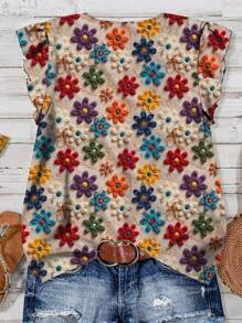 EMERY ROSE Áo sơ mi nữ cỡ lớn in họa tiết hoa cổ chữ V tay ngắn xếp nếp, kiểu dáng vintage, thích hợp mặc mùa hè, áo hoa văn cho nữ, áo kiểu thanh lịch cho nữ, thích hợp cho mùa xuân/kỳ nghỉ. - Nhiều màu - Xem 2