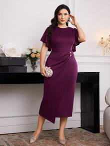 Modelyn Plus Size Women's Solid Color Round Neck Ruffle Short Sleeve Pleated Elegant Dress - Purple - View 7