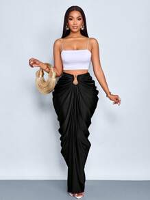 SOLERSUN 女士时尚纯色褶皱半身裙 - 黑色 - 查看 5