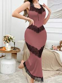 SHEIN Váy ngủ nữ ren chắp vá viền đuôi cá ôm sát cơ thể - Bụi hồng - Xem 6