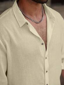 Manfinity Homme Men Plus Size Casual Solid Color Long Sleeve Shirt, Fall - Khaki - View 4