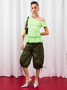 COUREZ Short Sleeve Off Shoulder Jersey Top With Frill Hem /Y2K Fall Women Clothes Fall Clothes Cute Tops Fall Tops Going Out Tops Going Out Outfits Sexy Vacation