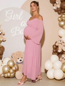 Loomaby 孕妇纯色露肩喇叭袖优雅连衣裙 - 粉色 - 查看 6