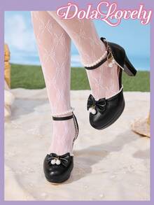 Dola Lovely Zapatos de tacón alto estilo Lolita con decoración de perla y lazo, zapatos de plataforma de punta redonda estilo princesa dulce para mujer - Negro - Ver 1