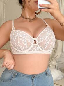 大码透明蕾丝文胸和无钢圈文胸 - 杏色 - 查看 5